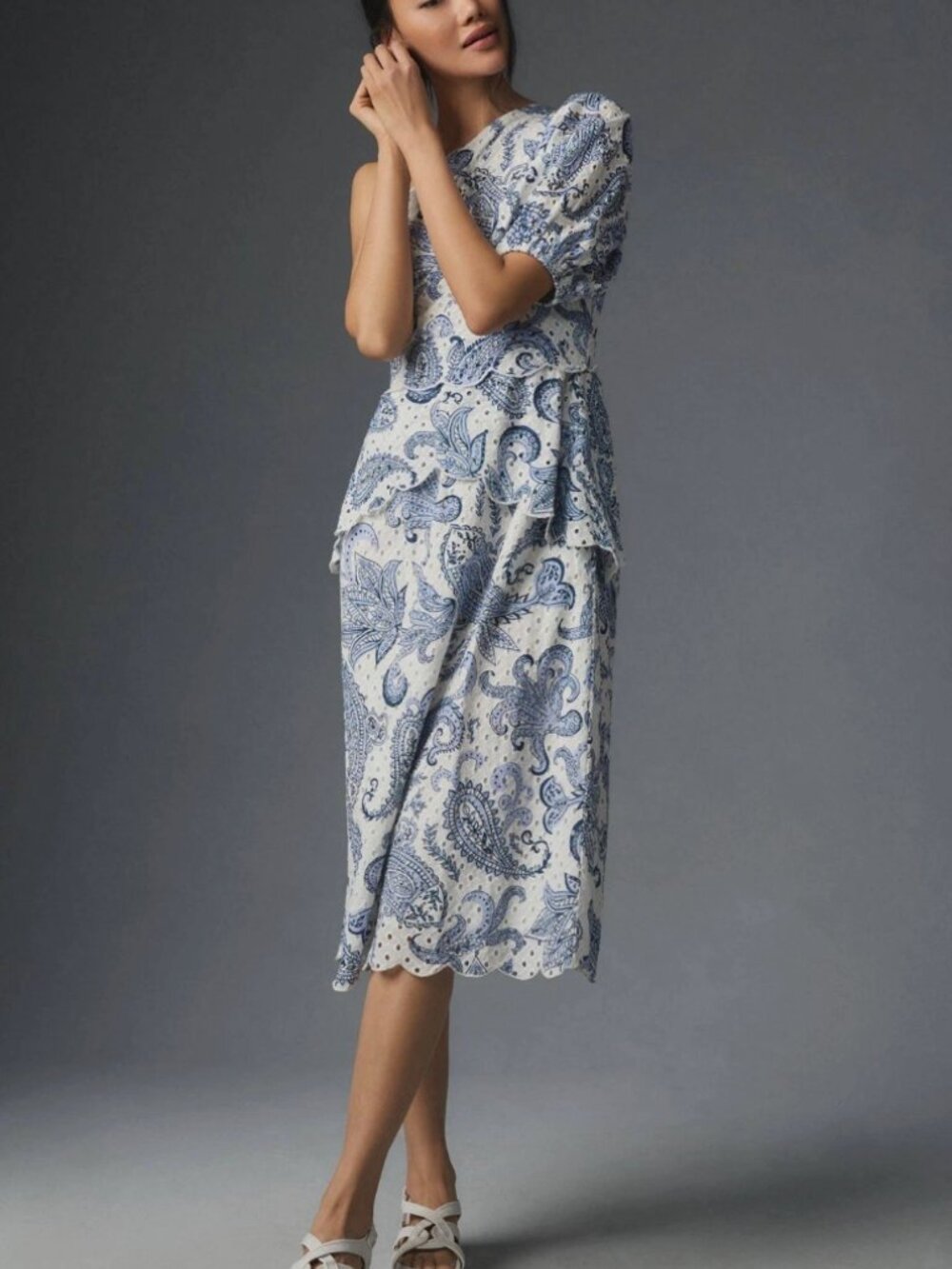 Farm Rio One-Shoulder Paisley Print Eyelet Midi Dress 100% Cotton